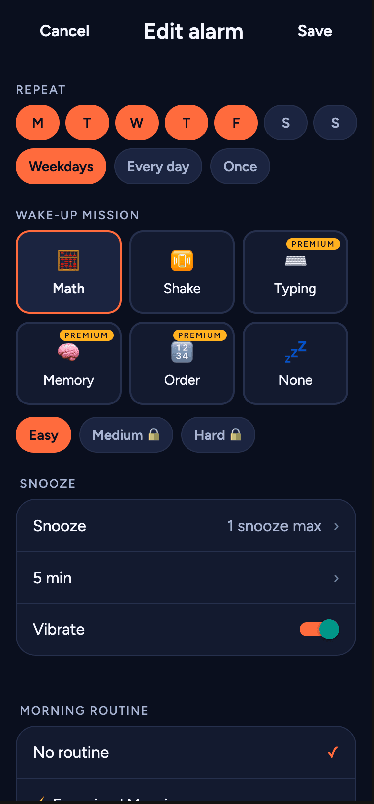 The Launch edit-alarm screen: repeat days, wake-up mission picker and snooze settings.