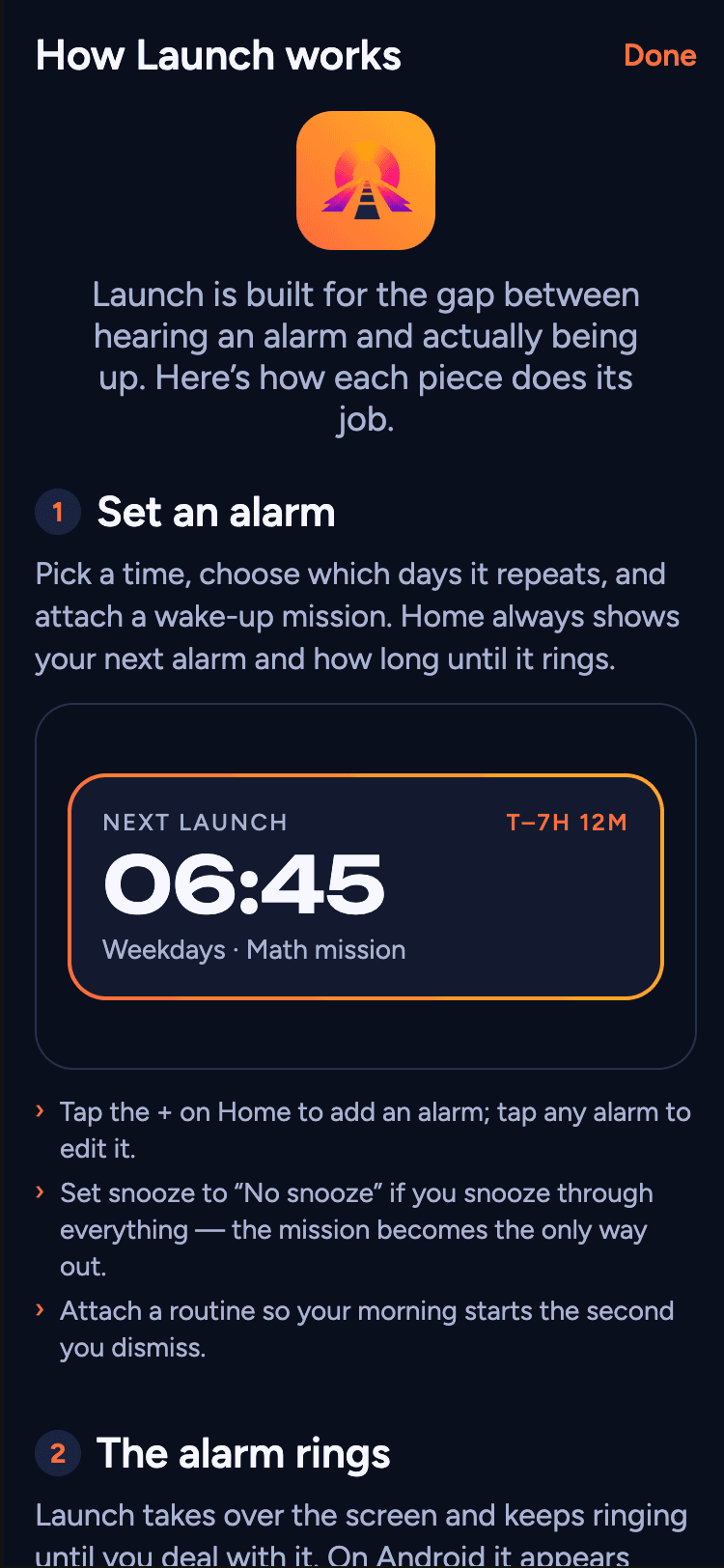 The Launch home screen showing the next launch countdown card at 06:45.