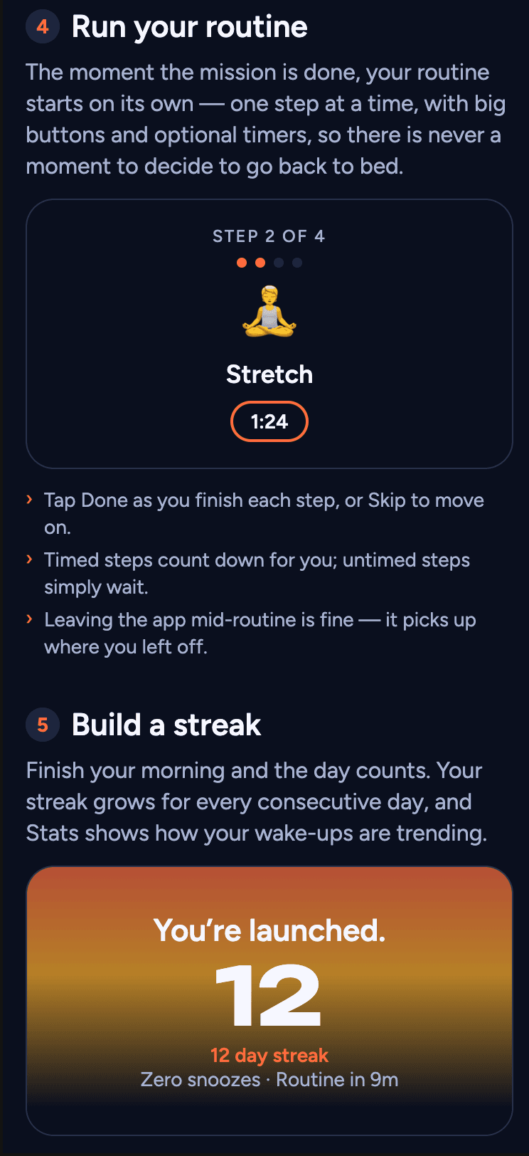 A Launch routine step: Stretch, step 2 of 4, with a 1:24 countdown.